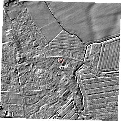 Shaded relief map of the ground around PE210RA, computed from Environment Agency LiDAR. The ground here sits at about 3 m above sea level and falls 4 m across the surrounding 800 m. Surface water reaching this point runs off ground lying to the south, 1.7 m higher.