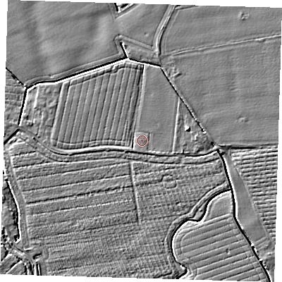 Shaded relief map of the ground around PE210RB, computed from Environment Agency LiDAR. The ground here sits at about 3 m above sea level and falls 4 m across the surrounding 800 m. Surface water reaching this point runs off ground lying to the south-west, 1.1 m higher.