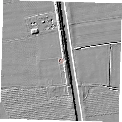 Shaded relief map of the ground around PE210RD, computed from Environment Agency LiDAR. The ground here sits at about 3 m above sea level and falls 6 m across the surrounding 800 m. Surface water reaching this point runs off ground lying to the east-south-east, 2.6 m higher.