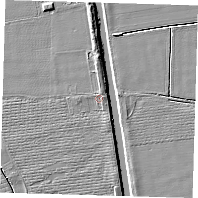 Shaded relief map of the ground around PE210RF, computed from Environment Agency LiDAR. The ground here sits at about 3 m above sea level and falls 6 m across the surrounding 800 m. Surface water reaching this point runs off ground lying to the east-north-east, 1.6 m higher.