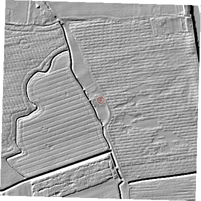Shaded relief map of the ground around PE210RG, computed from Environment Agency LiDAR. The ground here sits at about 3 m above sea level and falls 6 m across the surrounding 800 m. Surface water reaching this point runs off ground lying to the west-north-west, 0.9 m higher.