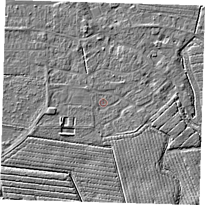 Shaded relief map of the ground around PE210RH, computed from Environment Agency LiDAR. The ground here sits at about 3 m above sea level and falls 5 m across the surrounding 800 m. Surface water reaching this point runs off ground lying to the east-south-east, 1.7 m higher.