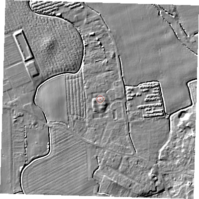 Shaded relief map of the ground around PE210RJ, computed from Environment Agency LiDAR. The ground here sits at about 3 m above sea level and falls 5 m across the surrounding 800 m. Surface water reaching this point runs off ground lying to the south-south-east, 1.3 m higher.