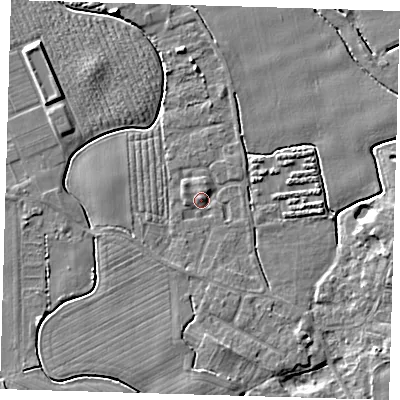 Shaded relief map of the ground around PE210RL, computed from Environment Agency LiDAR. The ground here sits at about 3 m above sea level and falls 5 m across the surrounding 800 m. Surface water reaching this point runs off ground lying to the south-south-east, 1.3 m higher.