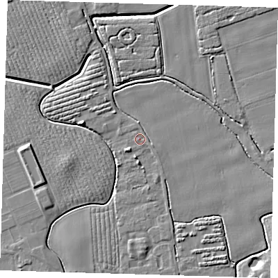 Shaded relief map of the ground around PE210RN, computed from Environment Agency LiDAR. The ground here sits at about 3 m above sea level and falls 6 m across the surrounding 800 m. Surface water reaching this point runs off ground lying to the south-west, 0.6 m higher.
