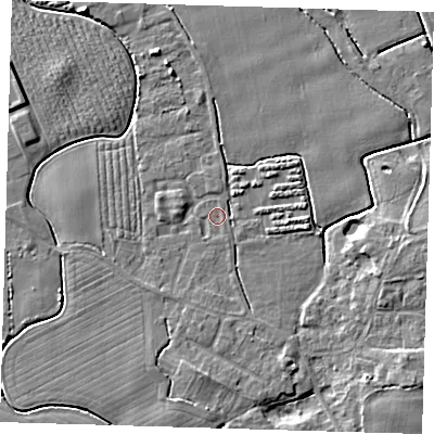 Shaded relief map of the ground around PE210RP, computed from Environment Agency LiDAR. The ground here sits at about 3 m above sea level and falls 5 m across the surrounding 800 m. Surface water reaching this point runs off ground lying to the south, 1.3 m higher.