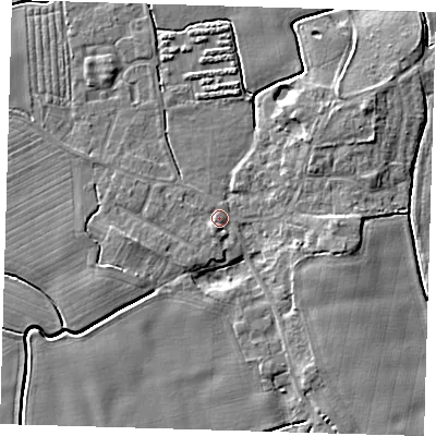 Shaded relief map of the ground around PE210RR, computed from Environment Agency LiDAR. The ground here sits at about 4 m above sea level and falls 6 m across the surrounding 800 m. Surface water reaching this point runs off ground lying to the north-east, 4.7 m higher.