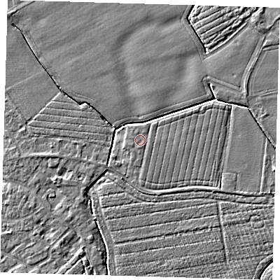 Shaded relief map of the ground around PE210RT, computed from Environment Agency LiDAR. The ground here sits at about 3 m above sea level and falls 3 m across the surrounding 800 m. The ground contributing surface water to this point lies to the west-south-west.
