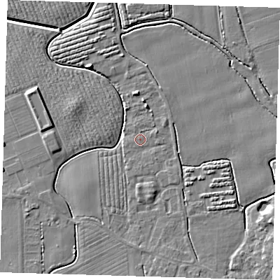 Shaded relief map of the ground around PE210RW, computed from Environment Agency LiDAR. The ground here sits at about 3 m above sea level and falls 6 m across the surrounding 800 m. Surface water reaching this point runs off ground lying to the north, 1.7 m higher.