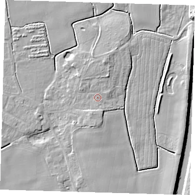 Shaded relief map of the ground around PE210RX, computed from Environment Agency LiDAR. The ground here sits at about 4 m above sea level and falls 7 m across the surrounding 800 m. Surface water reaching this point runs off ground lying to the south, 0.7 m higher.