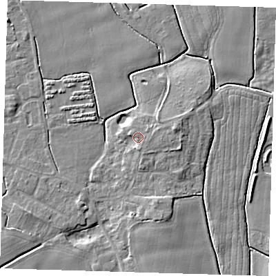 Shaded relief map of the ground around PE210RZ, computed from Environment Agency LiDAR. The ground here sits at about 5 m above sea level and falls 6 m across the surrounding 800 m. Surface water reaching this point runs off ground lying to the south, 1.9 m higher.