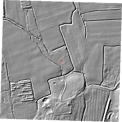 Shaded relief map of the ground around PE210SA, computed from Environment Agency LiDAR. The ground here sits at about 3 m above sea level and falls 6 m across the surrounding 800 m. The ground contributing surface water to this point lies to the south-east.