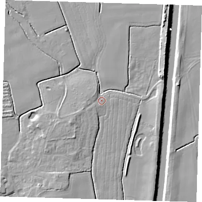 Shaded relief map of the ground around PE210SB, computed from Environment Agency LiDAR. The ground here sits at about 3 m above sea level and falls 7 m across the surrounding 800 m. Surface water reaching this point runs off ground lying to the west-south-west, 2.4 m higher.