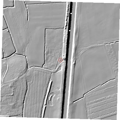Shaded relief map of the ground around PE210SE, computed from Environment Agency LiDAR. The ground here sits at about 2 m above sea level and falls 7 m across the surrounding 800 m. Surface water reaching this point runs off ground lying to the east-north-east, 4.3 m higher.