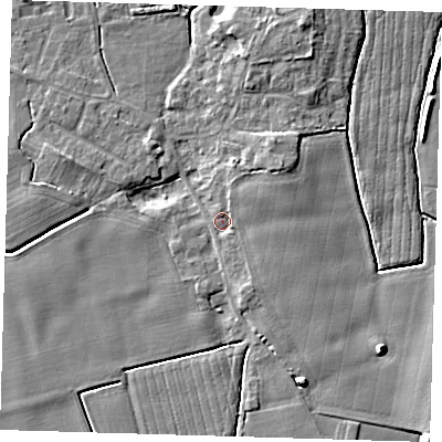 Shaded relief map of the ground around PE210SF, computed from Environment Agency LiDAR. The ground here sits at about 4 m above sea level and falls 8 m across the surrounding 800 m. Surface water reaching this point runs off ground lying to the north-east, 2.5 m higher.