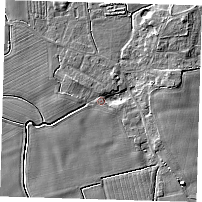 Shaded relief map of the ground around PE210SG, computed from Environment Agency LiDAR. The ground here sits at about 3 m above sea level and falls 6 m across the surrounding 800 m. Surface water reaching this point runs off ground lying to the east-north-east, 4.4 m higher.