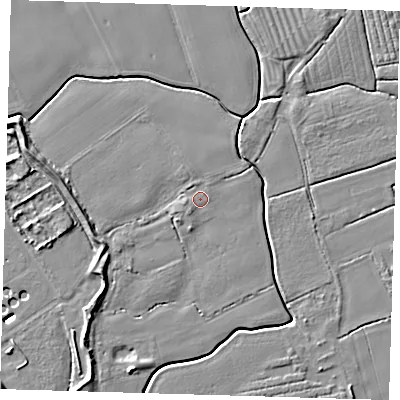 Shaded relief map of the ground around PE210SH, computed from Environment Agency LiDAR. The ground here sits at about 3 m above sea level and falls 7 m across the surrounding 800 m. Surface water reaching this point runs off ground lying to the west, 1.0 m higher.