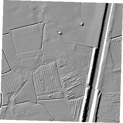 Shaded relief map of the ground around PE210SL, computed from Environment Agency LiDAR. The ground here sits at about 4 m above sea level and falls 10 m across the surrounding 800 m. Surface water reaching this point runs off ground lying to the north-east, 0.9 m higher.