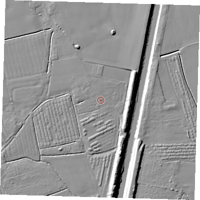 Shaded relief map of the ground around PE210SN, computed from Environment Agency LiDAR. The ground here sits at about 4 m above sea level and falls 10 m across the surrounding 800 m. The ground contributing surface water to this point lies to the north-north-west.