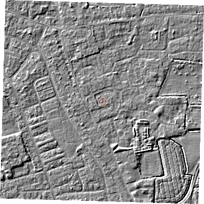 Shaded relief map of the ground around PE210SP, computed from Environment Agency LiDAR. The ground here sits at about 2 m above sea level and falls 4 m across the surrounding 800 m. Surface water reaching this point runs off ground lying to the south-south-east, 2.2 m higher.