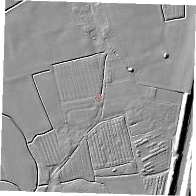 Shaded relief map of the ground around PE210SQ, computed from Environment Agency LiDAR. The ground here sits at about 3 m above sea level and falls 10 m across the surrounding 800 m. Surface water reaching this point runs off ground lying to the east-north-east, 2.5 m higher.