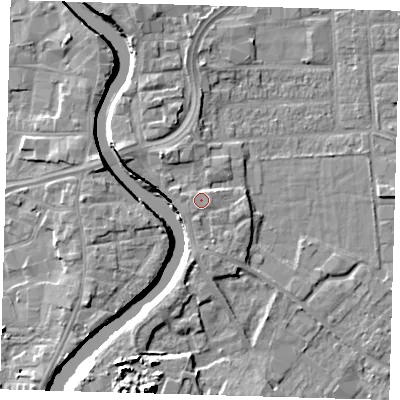 Shaded relief map of the ground around PE216AB, computed from Environment Agency LiDAR. The ground here sits at about 6 m above sea level and falls 10 m across the surrounding 800 m. Surface water reaching this point runs off ground lying to the east-south-east, 1.1 m higher.