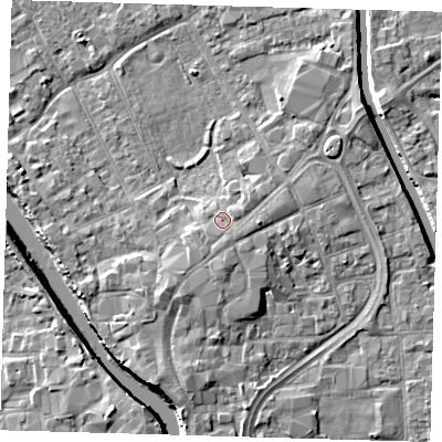 Shaded relief map of the ground around PE216AE, computed from Environment Agency LiDAR. The ground here sits at about 4 m above sea level and falls 7 m across the surrounding 800 m. Surface water reaching this point runs off ground lying to the south-south-west, 1.5 m higher.