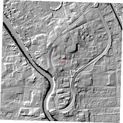 Shaded relief map of the ground around PE216AJ, computed from Environment Agency LiDAR. The ground here sits at about 5 m above sea level and falls 7 m across the surrounding 800 m. Surface water reaching this point runs off ground lying to the south-west, 2.1 m higher.