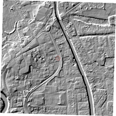 Shaded relief map of the ground around PE216AL, computed from Environment Agency LiDAR. The ground here sits at about 3 m above sea level and falls 7 m across the surrounding 800 m. Surface water reaching this point runs off ground lying to the west-south-west, 4.1 m higher.