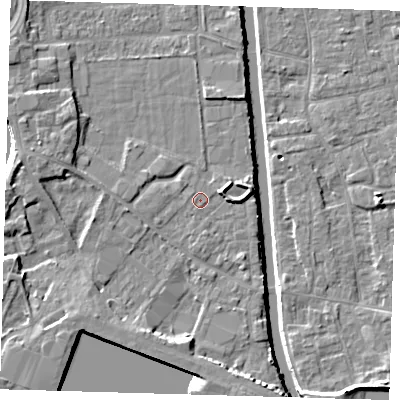 Shaded relief map of the ground around PE216AN, computed from Environment Agency LiDAR. The ground here sits at about 3 m above sea level and falls 7 m across the surrounding 800 m. Surface water reaching this point runs off ground lying to the south-south-east, 0.6 m higher.