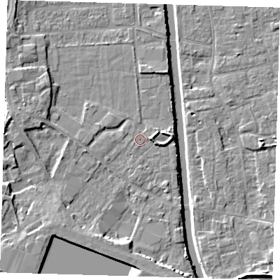 Shaded relief map of the ground around PE216AP, computed from Environment Agency LiDAR. The ground here sits at about 3 m above sea level and falls 7 m across the surrounding 800 m. Surface water reaching this point runs off ground lying to the south, 0.6 m higher.