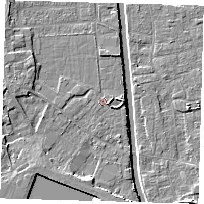 Shaded relief map of the ground around PE216AR, computed from Environment Agency LiDAR. The ground here sits at about 3 m above sea level and falls 7 m across the surrounding 800 m. Surface water reaching this point runs off ground lying to the east-south-east, 2.1 m higher.
