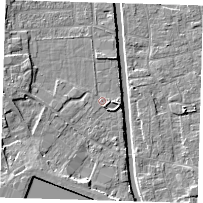 Shaded relief map of the ground around PE216AS, computed from Environment Agency LiDAR. The ground here sits at about 3 m above sea level and falls 6 m across the surrounding 800 m. Surface water reaching this point runs off ground lying to the south-east, 2.3 m higher.