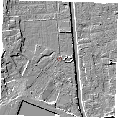 Shaded relief map of the ground around PE216AT, computed from Environment Agency LiDAR. The ground here sits at about 3 m above sea level and falls 7 m across the surrounding 800 m. Surface water reaching this point runs off ground lying to the south, 0.6 m higher.
