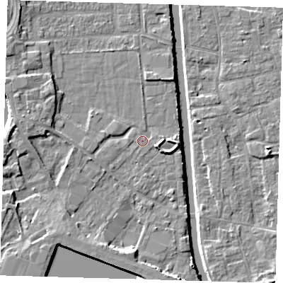 Shaded relief map of the ground around PE216AU, computed from Environment Agency LiDAR. The ground here sits at about 3 m above sea level and falls 7 m across the surrounding 800 m. Surface water reaching this point runs off ground lying to the east, 2.3 m higher.