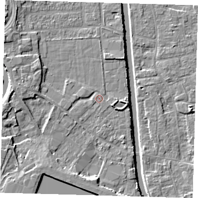 Shaded relief map of the ground around PE216AW, computed from Environment Agency LiDAR. The ground here sits at about 3 m above sea level and falls 6 m across the surrounding 800 m. Surface water reaching this point runs off ground lying to the east-south-east, 2.3 m higher.