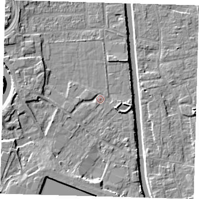 Shaded relief map of the ground around PE216AX, computed from Environment Agency LiDAR. The ground here sits at about 3 m above sea level and falls 7 m across the surrounding 800 m. Surface water reaching this point runs off ground lying to the west-south-west, 1.7 m higher.