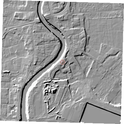 Shaded relief map of the ground around PE216BA, computed from Environment Agency LiDAR. The ground here sits at about 6 m above sea level and falls 10 m across the surrounding 800 m. Surface water reaching this point runs off ground lying to the south-west, 6.1 m higher.