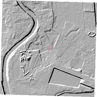 Shaded relief map of the ground around PE216BE, computed from Environment Agency LiDAR. The ground here sits at about 3 m above sea level and falls 10 m across the surrounding 800 m. Surface water reaching this point runs off ground lying to the west-south-west, 7.1 m higher.