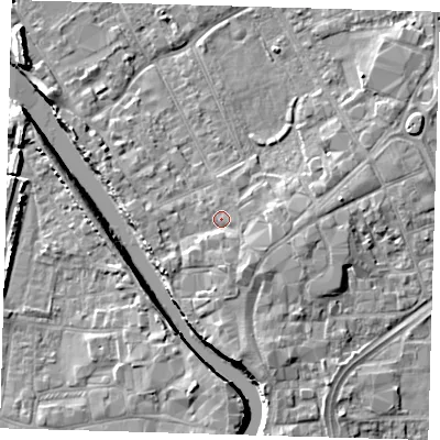 Shaded relief map of the ground around PE216BF, computed from Environment Agency LiDAR. The ground here sits at about 4 m above sea level and falls 7 m across the surrounding 800 m. Surface water reaching this point runs off ground lying to the south-south-east, 2.7 m higher.