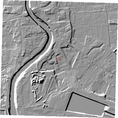 Shaded relief map of the ground around PE216BG, computed from Environment Agency LiDAR. The ground here sits at about 4 m above sea level and falls 10 m across the surrounding 800 m. Surface water reaching this point runs off ground lying to the south-west, 7.1 m higher.