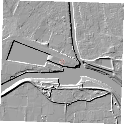 Shaded relief map of the ground around PE216BJ, computed from Environment Agency LiDAR. The ground here sits at about 6 m above sea level and falls 9 m across the surrounding 800 m. Surface water reaching this point runs off ground lying to the south-south-east, 0.6 m higher.