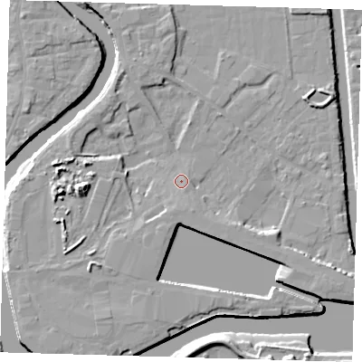 Shaded relief map of the ground around PE216BN, computed from Environment Agency LiDAR. The ground here sits at about 5 m above sea level and falls 10 m across the surrounding 800 m. Surface water reaching this point runs off ground lying to the south, 2.2 m higher.