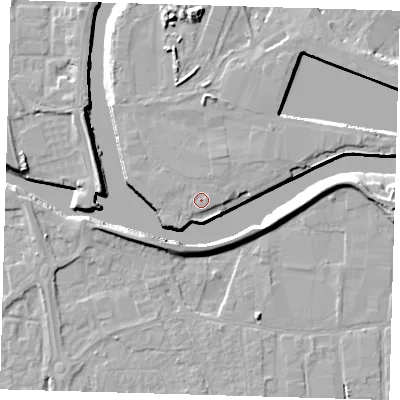 Shaded relief map of the ground around PE216BT, computed from Environment Agency LiDAR. The ground here sits at about 6 m above sea level and falls 10 m across the surrounding 800 m. Surface water reaching this point runs off ground lying to the east-north-east, 0.8 m higher.
