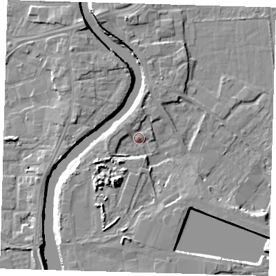 Shaded relief map of the ground around PE216BY, computed from Environment Agency LiDAR. The ground here sits at about 5 m above sea level and falls 10 m across the surrounding 800 m. Surface water reaching this point runs off ground lying to the south-south-west, 7.1 m higher.