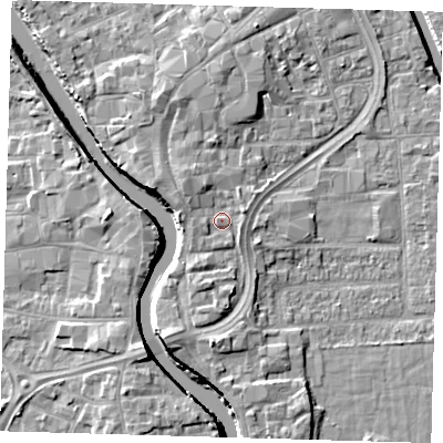 Shaded relief map of the ground around PE216BZ, computed from Environment Agency LiDAR. The ground here sits at about 5 m above sea level and falls 7 m across the surrounding 800 m. Surface water reaching this point runs off ground lying to the west-south-west, 1.2 m higher.
