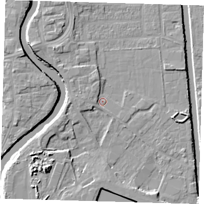 Shaded relief map of the ground around PE216DA, computed from Environment Agency LiDAR. The ground here sits at about 4 m above sea level and falls 10 m across the surrounding 800 m. Surface water reaching this point runs off ground lying to the west-north-west, 2.0 m higher.