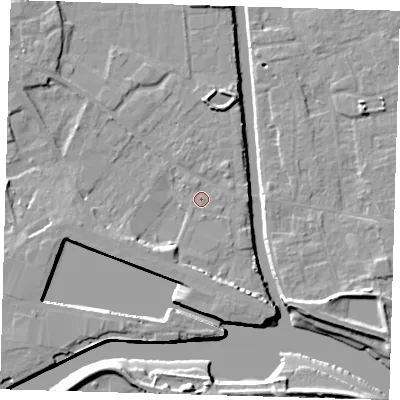 Shaded relief map of the ground around PE216DB, computed from Environment Agency LiDAR. The ground here sits at about 3 m above sea level and falls 8 m across the surrounding 800 m. Surface water reaching this point runs off ground lying to the south-south-west, 3.7 m higher.
