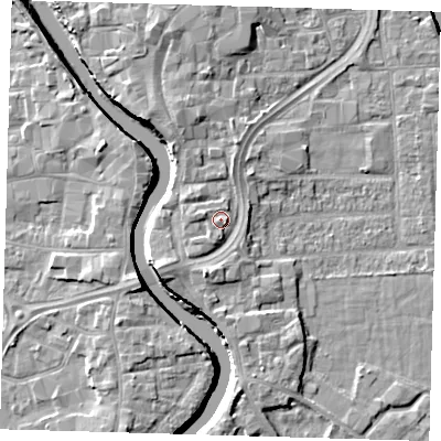 Shaded relief map of the ground around PE216DD, computed from Environment Agency LiDAR. The ground here sits at about 6 m above sea level and falls 7 m across the surrounding 800 m. Surface water reaching this point runs off ground lying to the south-south-west, 2.6 m higher.