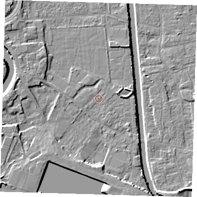 Shaded relief map of the ground around PE216DF, computed from Environment Agency LiDAR. The ground here sits at about 3 m above sea level and falls 8 m across the surrounding 800 m. Surface water reaching this point runs off ground lying to the south-west, 4.9 m higher.